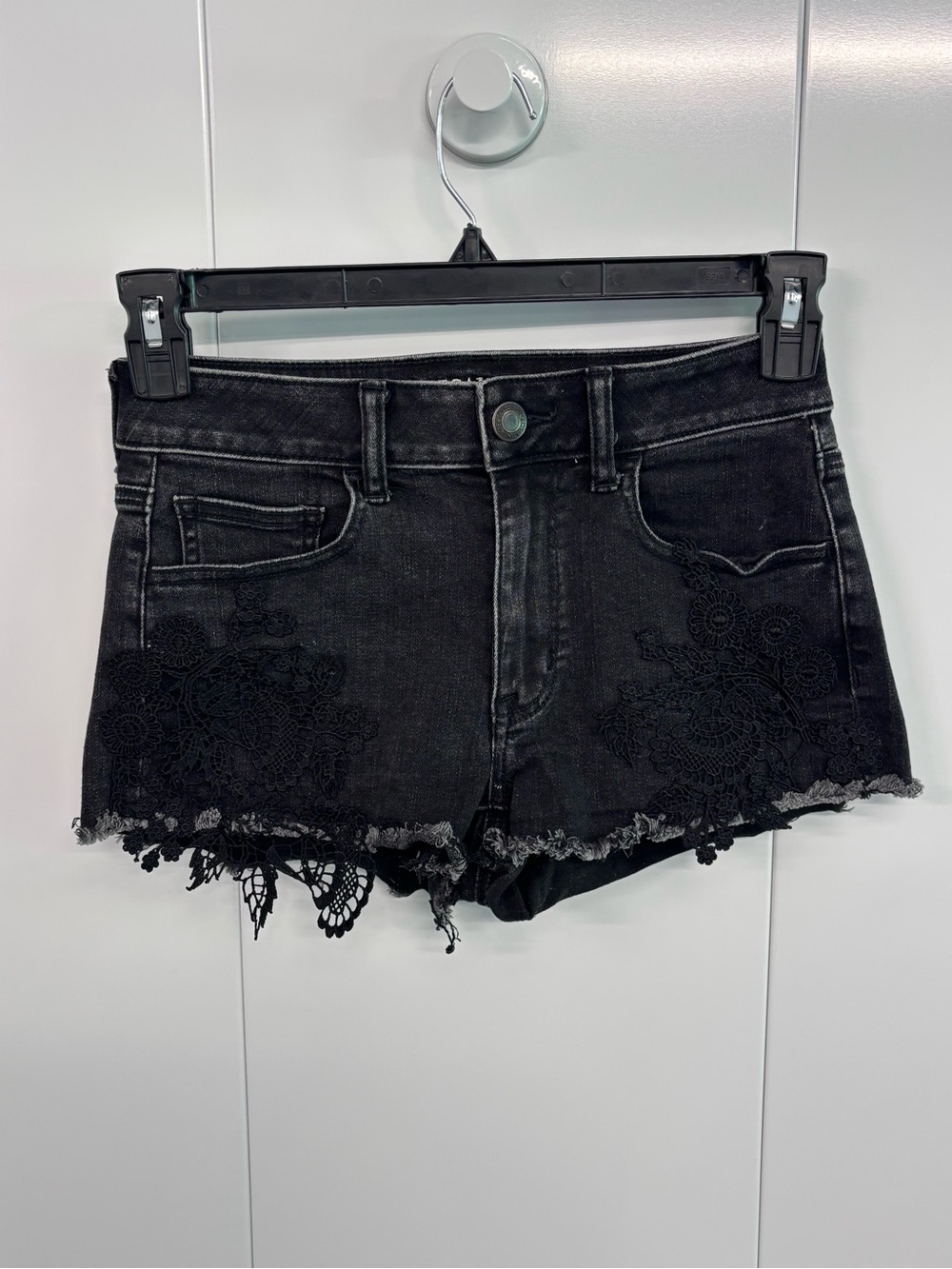 American Eagle Outfitters Black Shorts Hi-Rise Shortie Super Stretch Denim Sz 4